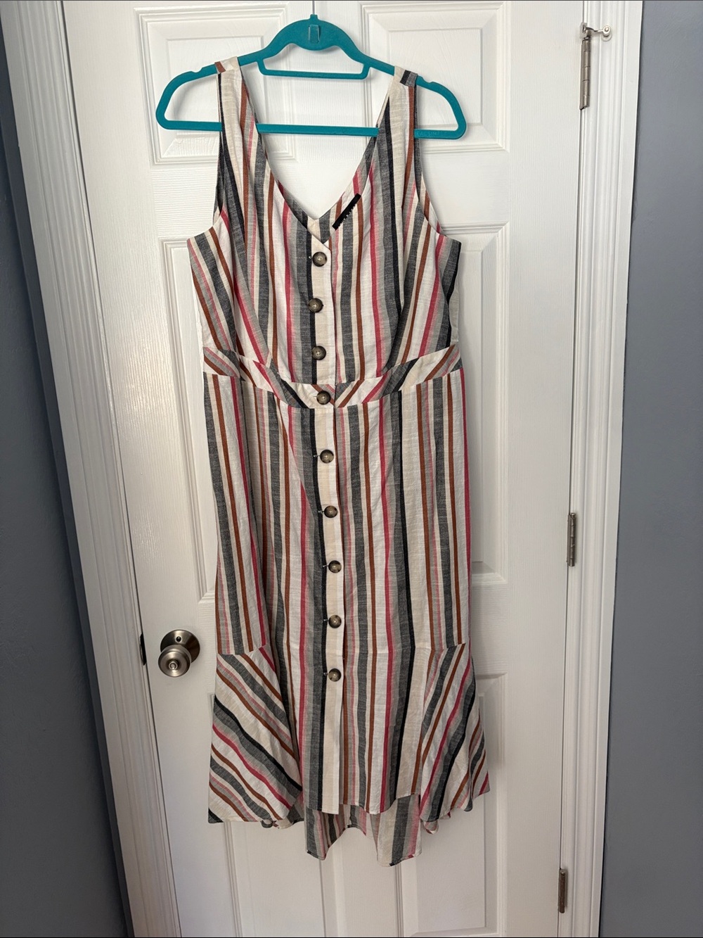 Striped Button-Front Sleeveless Midi Dress in Multi-Color